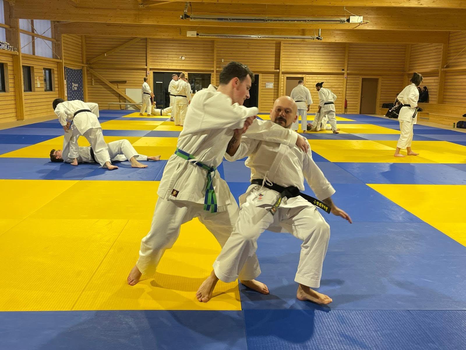 Pratiquants de karaté travaillant à deux dans le dojo d’Auneau